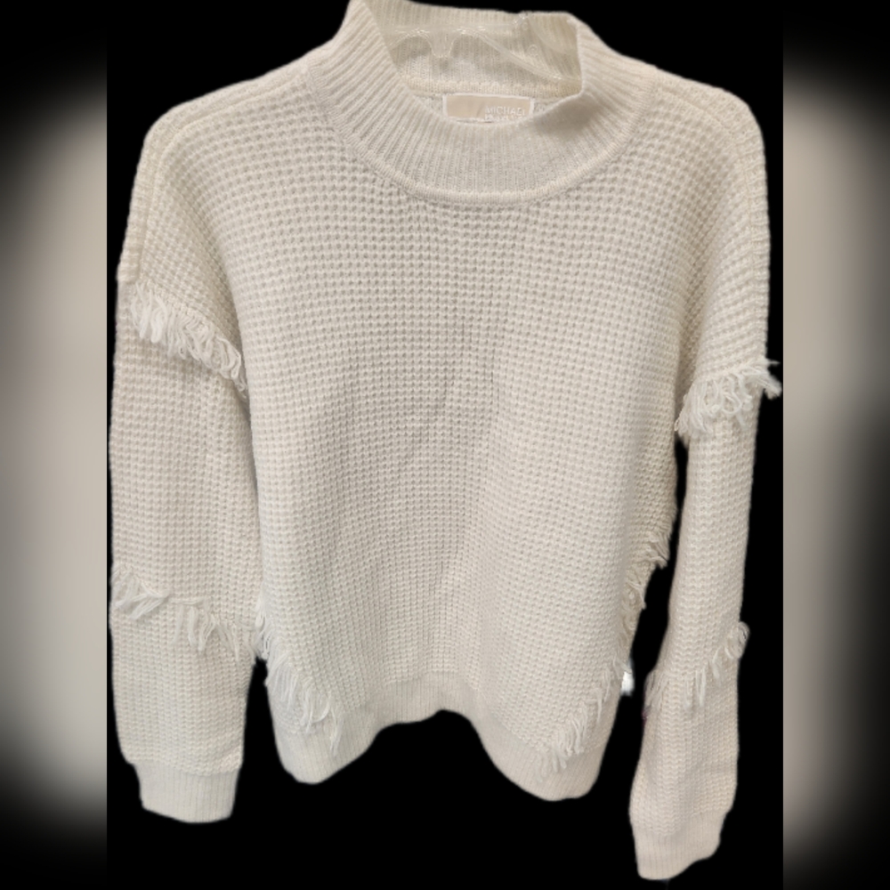 Michael Kors Cream Waffle Knit Fringe Sweater Mock Neck Boho Bone White Large